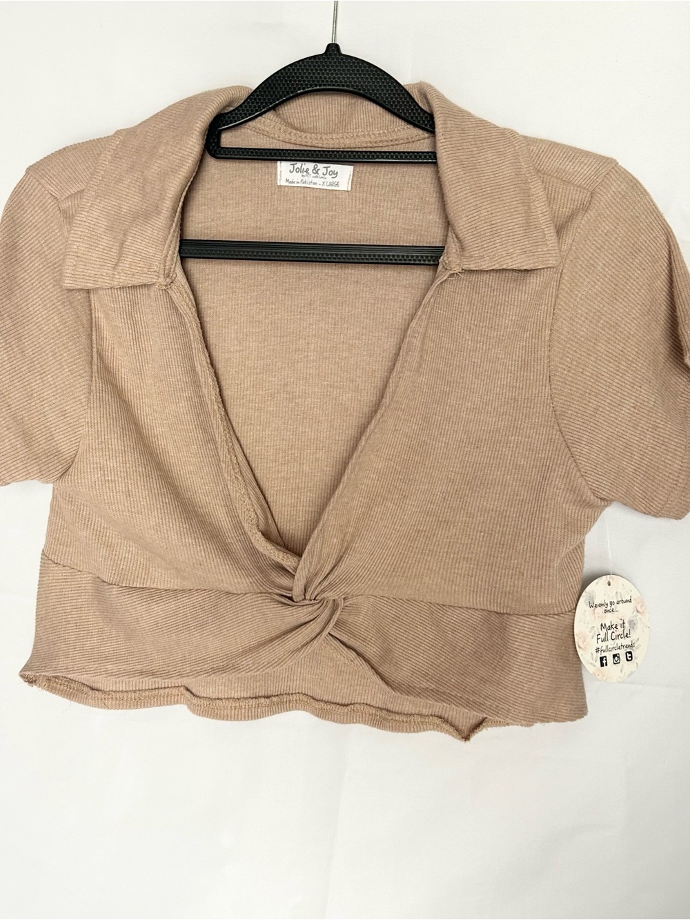 Joie & Joy Taupe Ribbed Twist-Front Crop Top